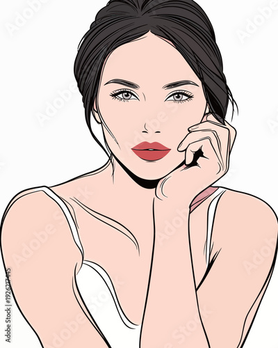 A woman gazes directly at the viewer while resting her chin on her hand. Her long hair frames her face.