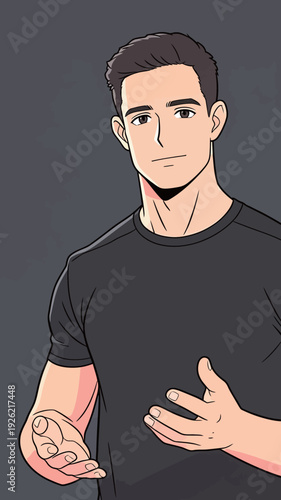 A young man stands in front of a gray background. He has short hair and uses hand gestures to explain something important.