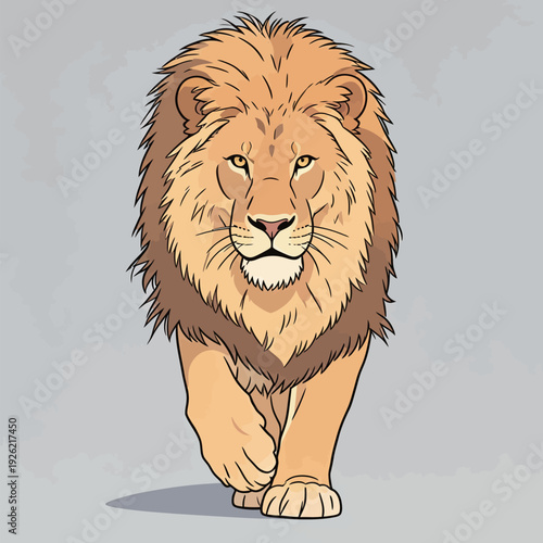 A lion moves forward with a strong look on its face. The background is plain, focusing on the lion's presence.