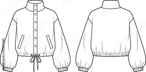 Women cropped bomber jacket vector illustration, stand collar button front elastic waist fashion template