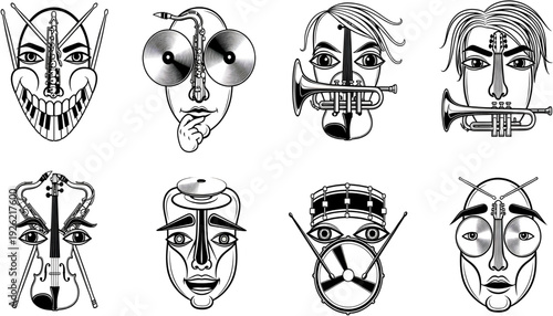 Abstract face icon set. Includes distorted faces, surreal portraits, and expressive masks. Created in line art style with black and white palette.