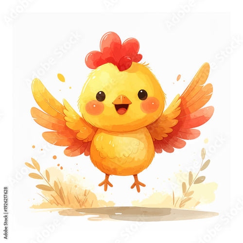 A cartoon chicken with red comb.