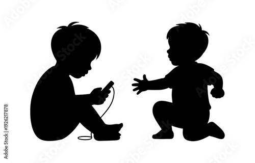 A little boy is playing games on his mobile phone and another little boy is playing outside, Silhouette Illustration