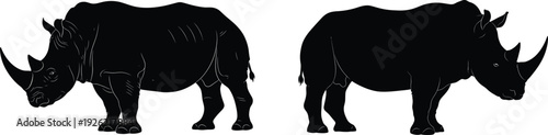 Two black silhouettes of rhinos facing each other