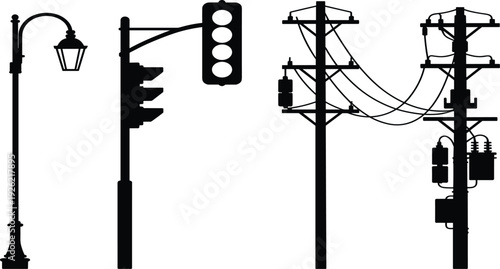 Set of black silhouettes featuring vintage street lamps, traffic lights, and electrical power line utility poles
