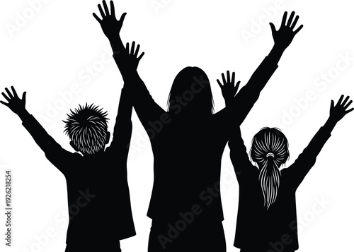 Black silhouette of a mother and two children with raised hands celebrating success together isolated on a white background in a vector illustration.