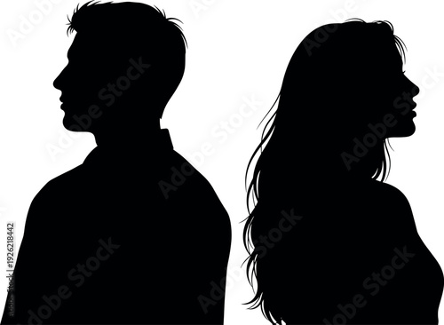 Silhouette of a man and woman facing away from each other illustrating relationship conflict breakup and emotional distance vector illustration