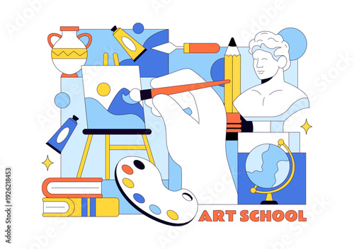 Art School Vector Illustration Featuring Children Painting a Live Model or Object Using Art Tools and Equipment in Flat Cartoon Background Design