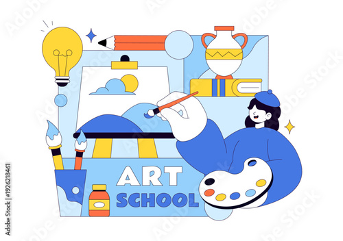 Art School Vector Illustration Featuring Children Painting a Live Model or Object Using Art Tools and Equipment in Flat Cartoon Background Design