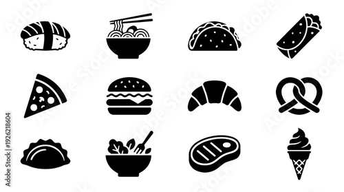 Collection of various food icons including sushi, pizza, and desserts in a grid layout