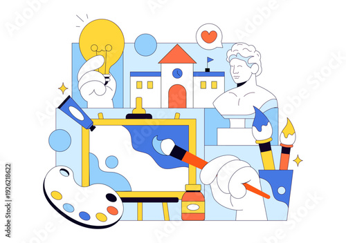 Art School Vector Illustration Featuring Children Painting a Live Model or Object Using Art Tools and Equipment in Flat Cartoon Background Design