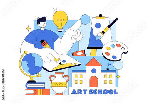 Art School Vector Illustration Featuring Children Painting a Live Model or Object Using Art Tools and Equipment in Flat Cartoon Background Design