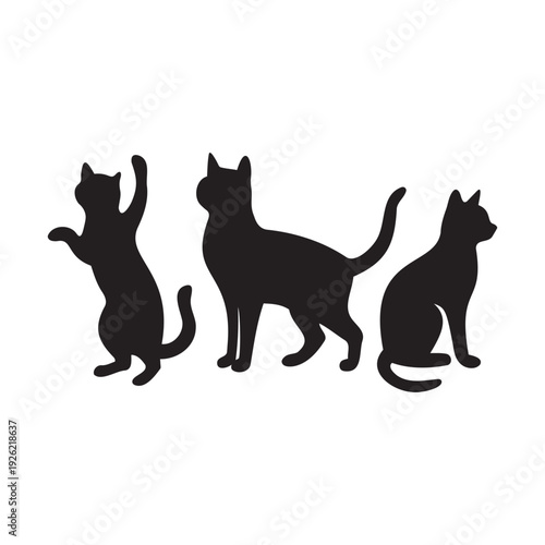 Cat silhouette set of black kitten poses isolated on white for animal design.