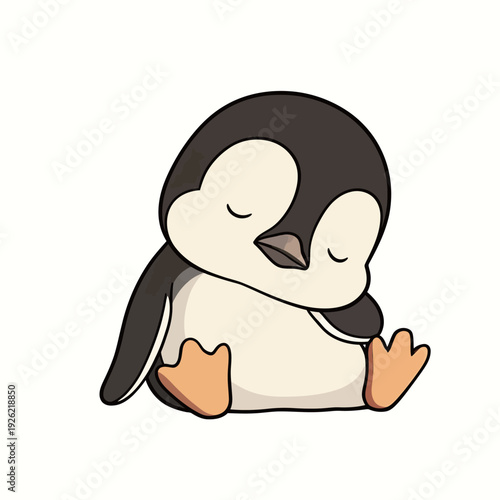 A small penguin sits with its eyes closed. It rests on the ground with its body relaxed and legs tucked in during daylight.