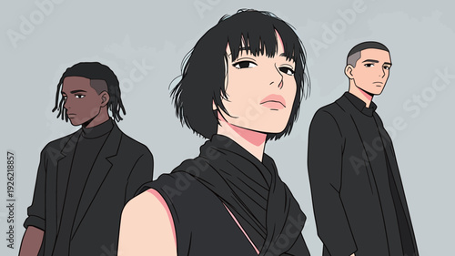 Three individuals stand together in a relaxed manner. They wear similar dark outfits and look confidently at the viewer.