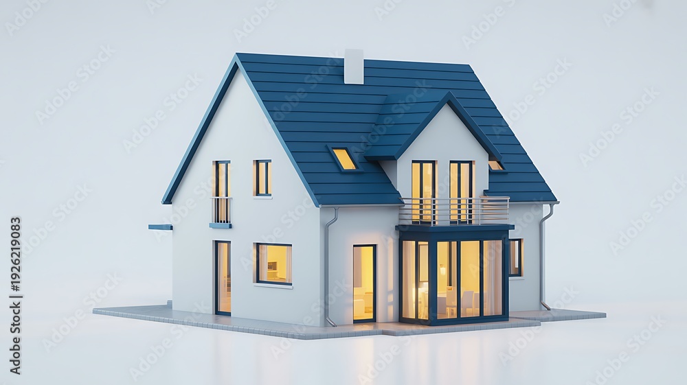 Fototapeta premium Modern family house with blue roof and illuminated windows at dusk