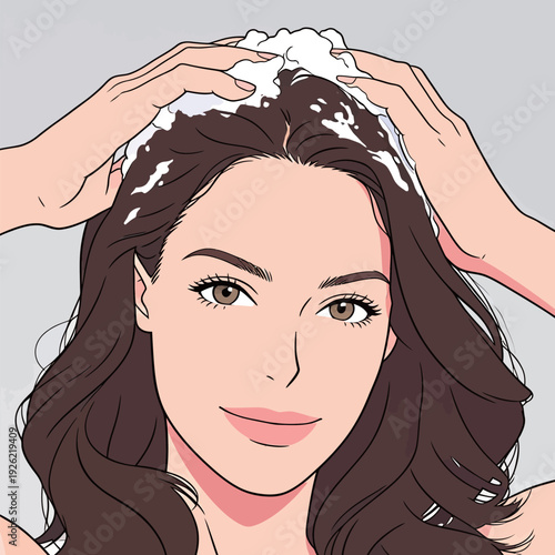 A woman applies shampoo to her hair while standing in a bathroom. She enjoys her daily hair care routine in the morning.