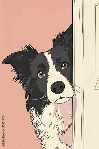 A dog peers from behind a partially open door in a room with a pink wall. The dog's expression shows curiosity and interest.