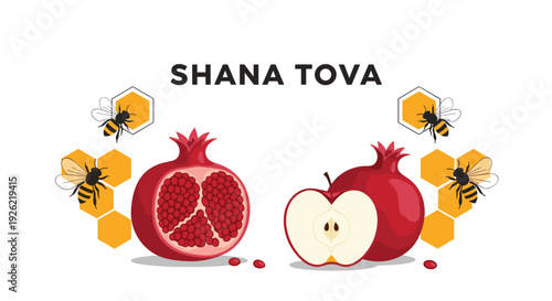 "Shana Tova" greeting for Rosh Hashanah, the Jewish New Year, featuring apples, pomegranates, honeycombs, and bees for a sweet year.