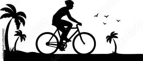 Beach Cycling Silhouette Vector Illustration of Man Riding Bicycle on Tropical Seaside Landscape