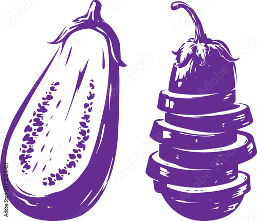 Eggplant Whole and Sliced Purple Vegetable Vector Illustration.