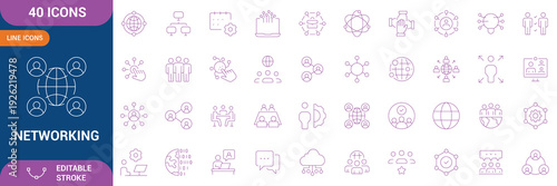 Networking icon set. Containing network, connections, relationship, online networking, community, events, social network and etc. Editable stroke. Vector illustration.