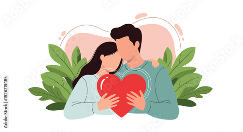 Loving couple embracing each other while holding a large, glowing red heart, surrounded by green leaves, symbolizing love and togetherness.