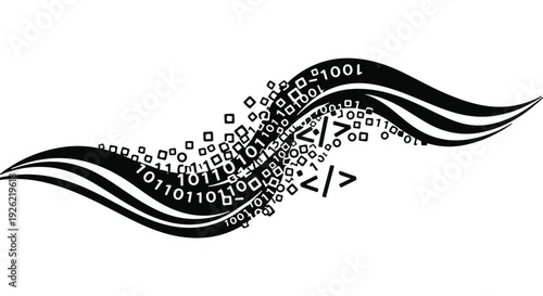 Flowing abstract design with binary code and programming symbols