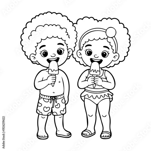 Cute Kids Eating Ice Cream Cartoon Line Art Vector Illustration Happy Children Summer Coloring Page