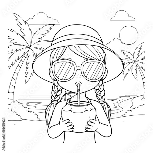 Cute Summer Beach Girl Drinking Coconut Water Cartoon Line Art Vector Coloring Page Illustration
