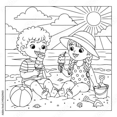 Cute Kids Eating Ice Cream on Beach Cartoon Line Art Vector Illustration Summer Vacation Coloring Page