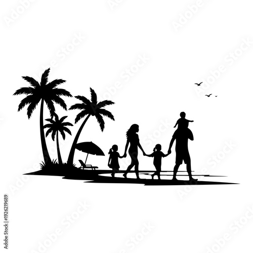 Happy Family Walking on Tropical Beach Silhouette Vector Illustration Summer Vacation Lifestyle Scene
