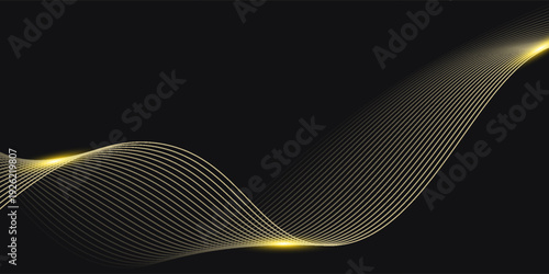 Abstract luxury with shining gold lines waves on black background. Futuristic background of flowing gold lines for banner, poster, cover, brochure, flyer, website