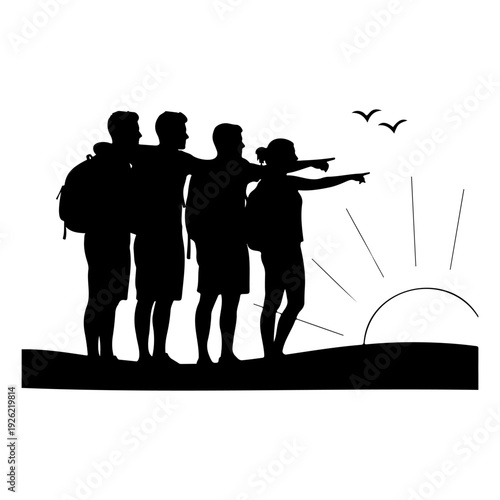 Group of Friends Watching Sunrise Silhouette Vector Illustration Travel Adventure Lifestyle Concept
