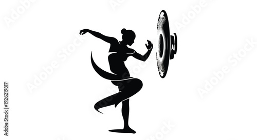 Graceful dancer in silhouette performs a dynamic pose near a stylized circular object