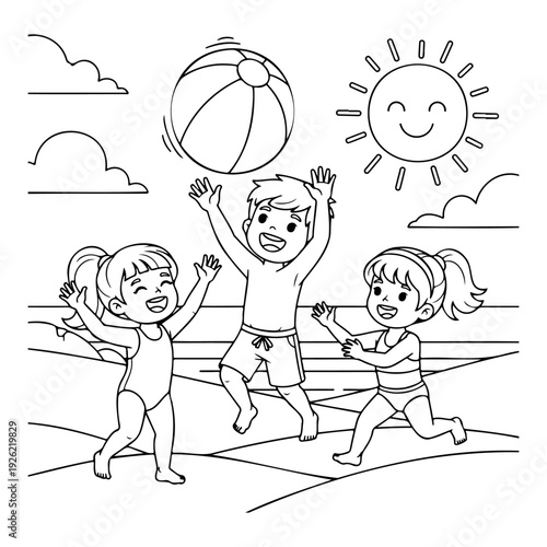 Happy Kids Playing Beach Ball Cartoon Line Art Vector Illustration Summer Vacation Coloring Page
