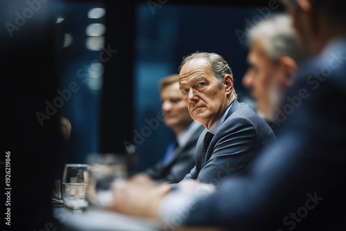 Chief Risk Officer presenting to board in crisis meeting, serious expressions around table