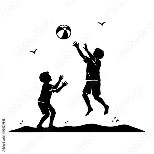 Kids Playing with Beach Ball Silhouette Vector Illustration Summer Vacation Outdoor Activity