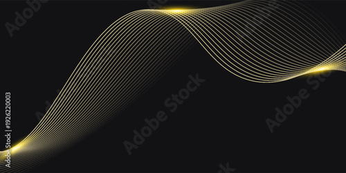 Abstract luxury with shining gold lines waves on black background. Futuristic background of flowing gold lines for banner, poster, cover, brochure, flyer, website