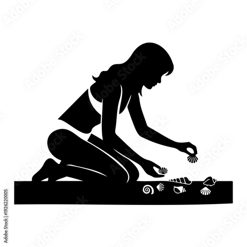 Woman Picking Seashells on Beach Silhouette Vector Illustration Summer Vacation Coastal Lifestyle Concept