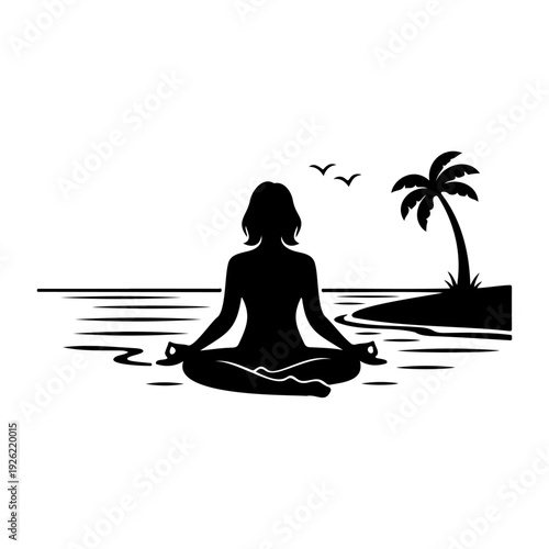 Woman Meditating on Beach Silhouette Vector Illustration Yoga Meditation Wellness Relaxation Concept