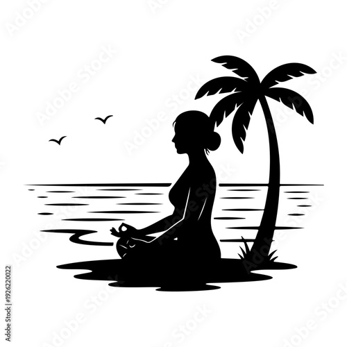 Woman Practicing Yoga Meditation on Tropical Beach Silhouette Vector Illustration Mindfulness Wellness Concept