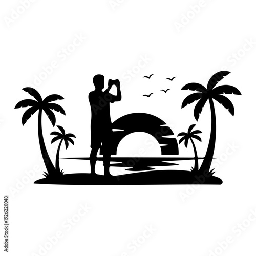 Photographer Taking Sunset Photo on Tropical Beach Silhouette Vector Illustration Travel Photography Concept