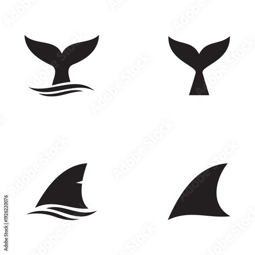 Whale tail and shark fin silhouette set isolated on white background.