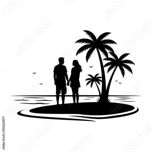 Romantic Couple Watching Sunset on Tropical Island Beach Silhouette Vector Illustration Love Travel Concept