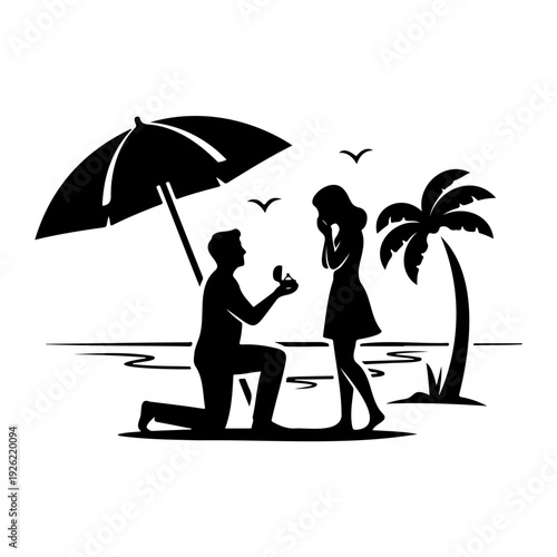 Romantic Beach Proposal Silhouette Man Proposing Marriage to Woman at Tropical Sunset Vector Illustration