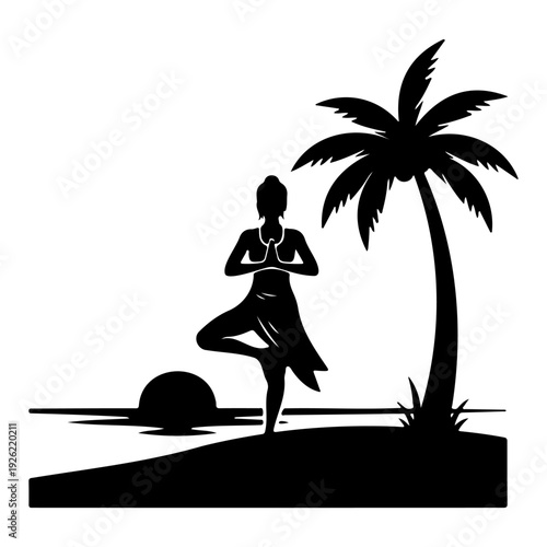 Woman Practicing Yoga Tree Pose on Beach at Sunrise Silhouette Meditation Wellness Vector Illustration
