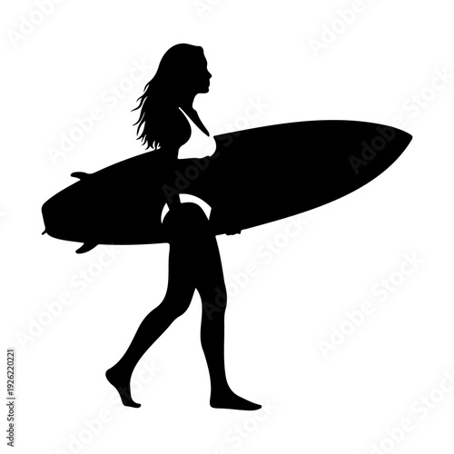 Woman Carrying Surfboard Silhouette Beach Surfer Girl Walking Summer Ocean Adventure Vector Illustration