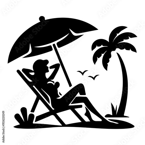 Woman Relaxing on Beach Chair Under Umbrella Silhouette Tropical Summer Vacation Vector Illustration