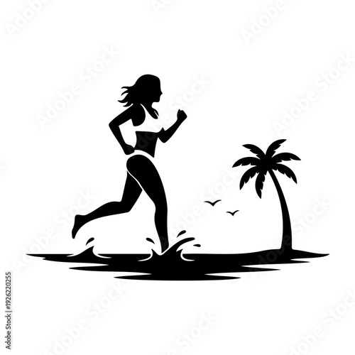 Woman Running on Beach Shoreline Silhouette Tropical Fitness Workout Summer Vacation Vector Illustration